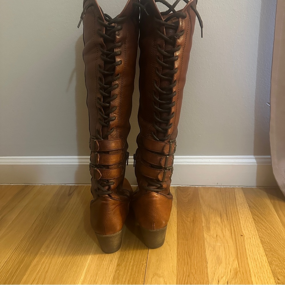 Matisse Tangier Brown Lace-Up Knee-High Boots with buckles